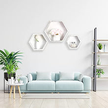 Load image into Gallery viewer, WONFUlity Floating Shelves Wall Mounted Set of 3 Rustic Hexagonal White Shelves, Wood Farmhouse Storage Honeycomb White Wall Shelf, Hexagon Wall Shelf for Living Room, Office, Screws&Anchors Included