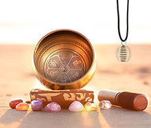 Load image into Gallery viewer, Tibetan Singing Bowl Set - Easy to Play - 7 Chakra Crystal stones with Interchangeable Cage Pendant - Handcrafted in Nepal for Meditation, Mindfulness, Yoga, and Spiritual healing - Energy Cleansing