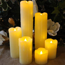 Load image into Gallery viewer, LED Lytes Timer Flameless Candles, Slim Set of 6, 2" Wide and 2"- 9" Tall, Ivory Color Wax and Flickering Amber Yellow Flame Battery Powered Flickering Candle Set