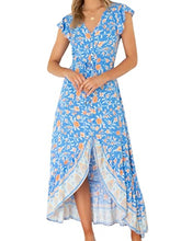 Load image into Gallery viewer, Vermisse Women’s Summer Button Up Split Bohemian Floral Printed V Neck Beach Party Ruffle Maxi Dress