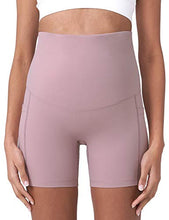 Load image into Gallery viewer, POSHDIVAH Women's Maternity Yoga Shorts Over The Belly Bump Summer Workout Running Active Short Pants with Pockets Pink 5" X-Large