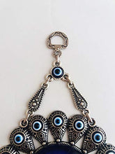 Load image into Gallery viewer, Erbulus Turkish Glass Blue Evil Eye Wall Hanging Ornament with Flower Design - Metal Home Decor - Turkish Nazar Bead Amulet - Protection and Good Luck Charm Gift in a Box
