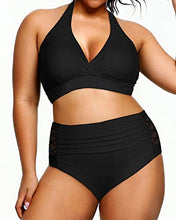 Load image into Gallery viewer, Yonique Womens Two Piece Plus Size Halter Bikini Swimsuits High Waisted Swimwear Tummy Control Bathing Suits Black 24Plus
