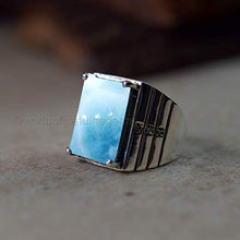 Load image into Gallery viewer, Thanksgiving gift for jewelry, cabochon larimar ring, genuine pectolite larimar ring, solid 925 sterling silver ring, signet heavy silver ring, designer statement ring, men's gemstone ring