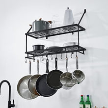 Load image into Gallery viewer, KES 30-Inch Kitchen Pot Rack - Mounted Hanging Rack for Kitchen Storage and Organization- Matte Black 2-Tier Wall Shelf for Pots and Pans with 12 Hooks - KUR215S75B-BK