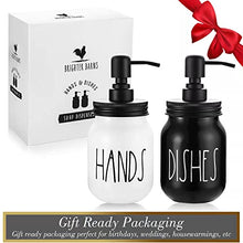 Load image into Gallery viewer, Mason Jar Soap Dispenser Set by Brighter Barns - Farmhouse Dish and Hand Soap Dispensers Set - Liquid Soap Dispenser - Glass Soap Dispensers for Kitchen Sink - Farmhouse Kitchen Decor (Black/White)
