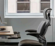 Load image into Gallery viewer, Humanscale Freedom Task Chair with Headrest | Graphite Frame, Corde 4 Black Fabric Seat | Height-Adjustable Duron Arms | Standard Foam Seat, Hard Casters, and 5" Cylinder