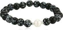 Load image into Gallery viewer, Genuine Semi-Precious Snowflake Obsidian Round Bead Stretch Bracelet with White Freshwater Cultured Pearl with Rhodium Plated Silver Accent, 6-1/2"