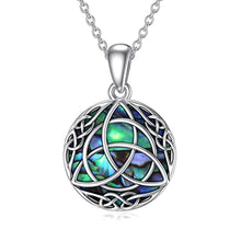Load image into Gallery viewer, Trinity Celtic Knot Necklace with Simulated Abalone Shell Sterling Silver Vintage Triquetra Round Lucky Celtic Necklace for Women Teen Girls Irish Jewelry