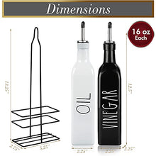 Load image into Gallery viewer, Farmhouse Oil and Vinegar Dispenser Set by Brighter Barns - Black & White Olive Oil Dispenser Bottle with Caddy Holder & Stainless Steel Spout - Cute Modern Vintage Glass Cruet for Kitchen -500ml 17oz