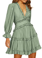Load image into Gallery viewer, Dokotoo Womens Cute Fall Summer Casual Sexy Deep V Neck Ruffle Chiffon Lantern Long Sleeve Elegant Boho Hawaiian Flowy Mini Short Skirt Dresses for Women Party 2022 Green X-Small