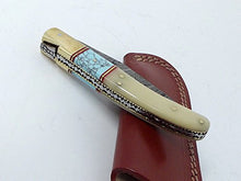 Load image into Gallery viewer, Damascus Knives Laguiole Style Pocket Knife White Bone & Turquoise Handle With Leather Sheath Made in Ancient Persian Indus Valley