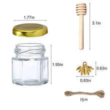 Load image into Gallery viewer, 1.5 oz Hexagon Mini Glass Honey Jars -30Pack Honey Jars with Wood Dipper, Gold Lid, Bee Pendants, Jutes - Perfect for Baby Shower, Wedding Favors, Party Favors