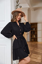 Load image into Gallery viewer, SPIEZ Women's V Neck Linen Pocket Dresses for Women Flowy Ruffle Dress Button Down Long Sleeve Casual Loose Mini T-Shirt Dress 01Black Large
