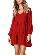 Load image into Gallery viewer, Amoretu Womens Long Sleeve Dresses Ruffle Tired V Neck Tunic Dress (Red,S)