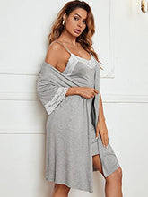 Load image into Gallery viewer, MakeMeChic Women's 2 Piece Lace Trim Nightgowns and Robe Kimono PJ Set Sleepwear Grey M