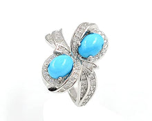 Load image into Gallery viewer, Natural Two Stone 7X5 MM Oval Sleeping Beauty Turquoise Cabochon Gemstone 925 Sterling Silver December Birthstone Solitaire Unisex Proposal Ring Anniversary Gift For Wife (Yellow Gold Rhodium Plated Silver, 8)