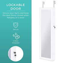 Load image into Gallery viewer, Best Choice Products Full Length Hanging Mirror Jewelry Armoire Cabinet, Makeup Storage Organizer, Wall Mounted, w/Interior Mirror, LED Lights, Lock, Cosmetics Tray, Brush Holders, 4 Shelves