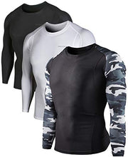 Load image into Gallery viewer, DEVOPS 3 Pack Men's Athletic Long Sleeve Compression Shirts (Large, Black/Camo Black2 / White)