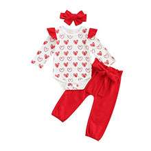 Load image into Gallery viewer, Newborn Baby Girl Valentine's Day Outfits Long Sleeve Ruffle Love Heart Print Romper Bow Pants with Headband Holiday Sets 0-24M (Red, 6-12 Months)