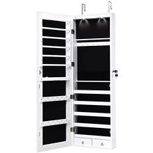 Load image into Gallery viewer, Giantex Wall Door Jewelry Armoire Cabinet with Full-Length Mirror, 2 LEDs Lockable Large Storage Jewelry Organizer with Wide Mirror, Makeup Pouch, Bracelet Rod, Jewelry Amoires w/ 2 Drawers (White)