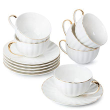 Load image into Gallery viewer, BTaT- Tea Cups and Saucers, Set of 6 (7 oz) with Gold Trim and Gift Box, Cappuccino Cups, Coffee Cups, White Tea Cup Set, British Coffee Cups, Porcelain Tea Set, Latte Cups, Espresso Mug, White Cup