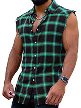 Load image into Gallery viewer, Mens Sleeveless Plaid Shirt Button Down Cotton Vest Shirt Casual Street Stand Collar Tops, Green, Medium