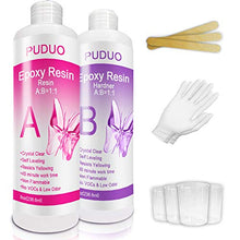 Load image into Gallery viewer, Epoxy-Resin-Crystal-Clear-Kit for Art, Jewelry, Crafts,Coating- 16 OZ Including 8OZ Resin and 8OZ Hardener | Bonus 4 pcs Measuring Cups, 3pcs Sticks, 1 Pair Rubber Gloves by PUDUO