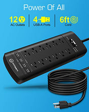 Load image into Gallery viewer, Power Strip,Witeem Surge Protector with 12-Outlet (1875W/15A,4360Joules) and 4 USB Charging Ports (5V/6A,30W),6Ft Extension Cord,Wall Mountable Overload Protection Outlet for Home & Office, Black