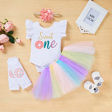 Load image into Gallery viewer, Baby Girl 1st Birthday Cake Smash Outfits Donuts Romper+Tutu Skirt+Headband+Leg Warmers Clothes 4Pcs Set(Colorful 1, 9-12 Months)
