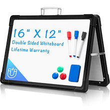 Load image into Gallery viewer, Small Dry Erase White Board, ARCOBIS 12"X16" Portable Magnetic White Board Double-Sided Desktop Foldable Whiteboard Easel for Students Classroom Home Office, Black