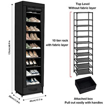 Load image into Gallery viewer, Shoes Rack,10 Tier Tall Shoe Rack - Narrow Shoe Rack with Storage Box,Fabric Covered Shoe Rack,Metal Shoe Rack Organizer,Shoe Racks for Closets,Stackable Shoe Rack,Shoe Stand,Shoe Shelf Storage(Black)