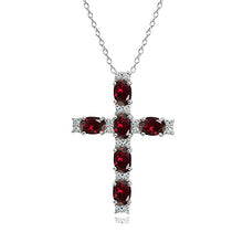 Load image into Gallery viewer, Sterling Silver Synthetic Ruby Oval-Cut Cross Pendant Necklace with White Topaz Accents