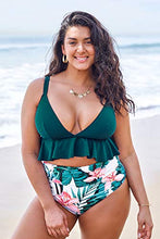 Load image into Gallery viewer, CUPSHE Women's High Waisted Green and Floral Ruffled Plus Size Bikini, Size 0X