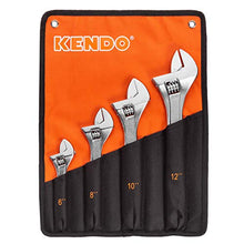 Load image into Gallery viewer, KENDO 4pcs Heavy Duty Adjustable Wrench Set - 6", 8", 10" & 12" Wrench - Drop Forged Heat Treated Chrome Vanadium Steel - Roll-up Storage Pouch Included