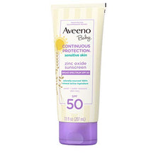 Load image into Gallery viewer, Aveeno Baby Continuous Protection Zinc Oxide Mineral Sunscreen Lotion for Sensitive Skin, Broad Spectrum SPF 50, Tear-Free, Sweat- & Water-Resistant, Paraben-Free, Non-Greasy, 7 fl. oz