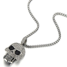 Load image into Gallery viewer, COOLSTEELANDBEYOND Steel Large Sugar Skull Pendant Necklace for Men Women with Cubic Zirconia and 30 inches Wheat Chain