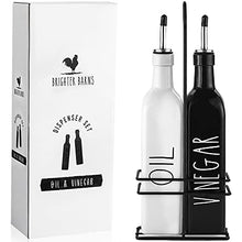 Load image into Gallery viewer, Farmhouse Oil and Vinegar Dispenser Set by Brighter Barns - Black & White Olive Oil Dispenser Bottle with Caddy Holder & Stainless Steel Spout - Cute Modern Vintage Glass Cruet for Kitchen -500ml 17oz