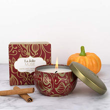 Load image into Gallery viewer, LA JOLIE MUSE Cinnamon Pumpkin Scented Candle, 100% Natural Soy Candle for Home, Vanilla Tobacco Bergamot, 45 Hours Long Burning Halloween Candle, Tin, 6.5Oz Halloween Candle