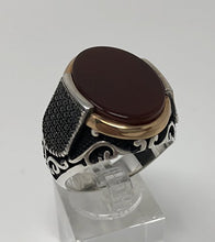 Load image into Gallery viewer, KAR New 925K Sterling Silver Red Agate (Aqeeq) Stone Men's Ring w/Zircon Stone K61U (8.75)