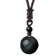 Load image into Gallery viewer, OK-STORE Natural Black Obsidian Rainbow Eyes Stone Necklace Pendant, 16mm Obsidian Bead with Woven Cotton Cord, Talisman Dedication of Wellness and Wealth