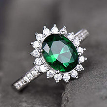 Load image into Gallery viewer, Lab Created Emerald Engagement Ring Green Gemstone Solid 14k White Gold CZ Diamond Halo Flower Vintage
