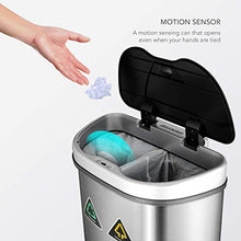 Load image into Gallery viewer, NINESTARS Automatic Touchless Infrared Motion Sensor Trash Can/Recycler with D Shape Silver/Black Lid & Stainless Base, 18 Gal, Stainless Steel