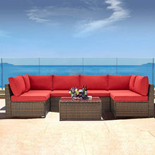 Load image into Gallery viewer, U-MAX 7 Pieces Patio Furniture Set, Brown Wicker Rattan Patio Conversation Sets, All-Weather Outdoor Combination Sofa with Glass Table and Cushion (Red)