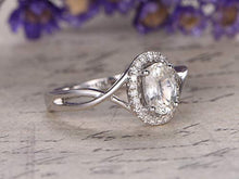 Load image into Gallery viewer, White sapphire Engagement Ring 14K White Gold 5x7mm Oval Cut Sapphire Halo Ring Criss Cross Ring, Twist Band SI I-J Diamonds VS White Gemstone
