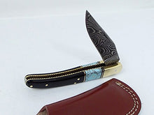 Load image into Gallery viewer, Damascus Knives Laguiole Style Pocket Knife Ram Horn & Turquoise Handle With Leather Sheath Made in Ancient Persian Indus Valley