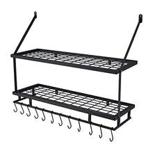 Load image into Gallery viewer, KES 30-Inch Kitchen Pot Rack - Mounted Hanging Rack for Kitchen Storage and Organization- Matte Black 2-Tier Wall Shelf for Pots and Pans with 12 Hooks - KUR215S75B-BK
