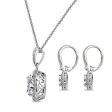 Load image into Gallery viewer, Sterling Silver Simulated Emerald & White Topaz Oval Halo Necklace & Leverback Earrings Set