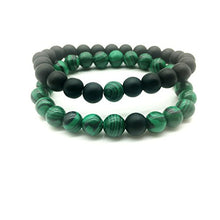 Load image into Gallery viewer, Set of 2 Womens Mens 8mm Handmade Couples Distance Beads Bracelets Friendship Couple Jewelry Round Energy Stone Beads Gemstone Beaded for Valentine Birthday (Malachite Stone & Black Matte Agate)
