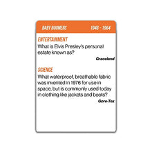 Load image into Gallery viewer, OK Boomer Trivia Card Game | for Game Night, Holiday Party, Camping Games, Travel Cards or Funny Gift | Trivia for All Ages 12+